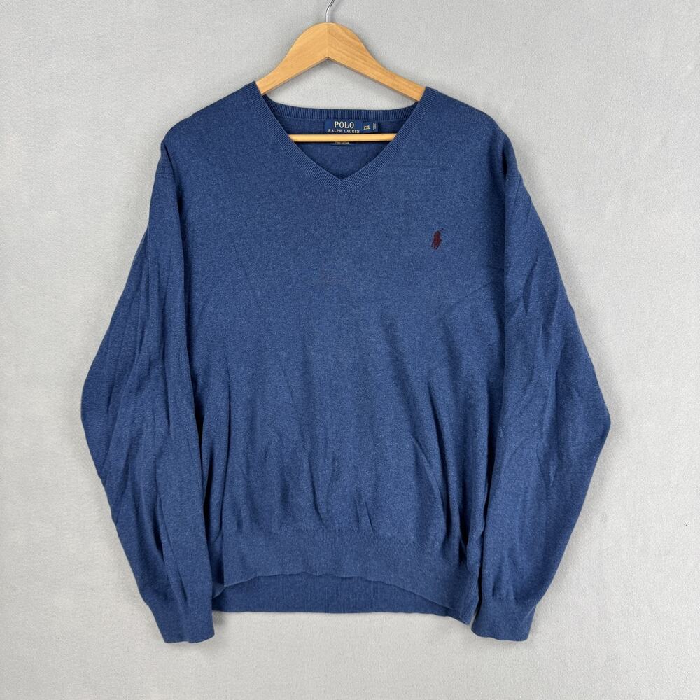Polo Ralph Lauren Sweater Mens 2XL Blue Pima Cotton V Neck Knit Pony Logo